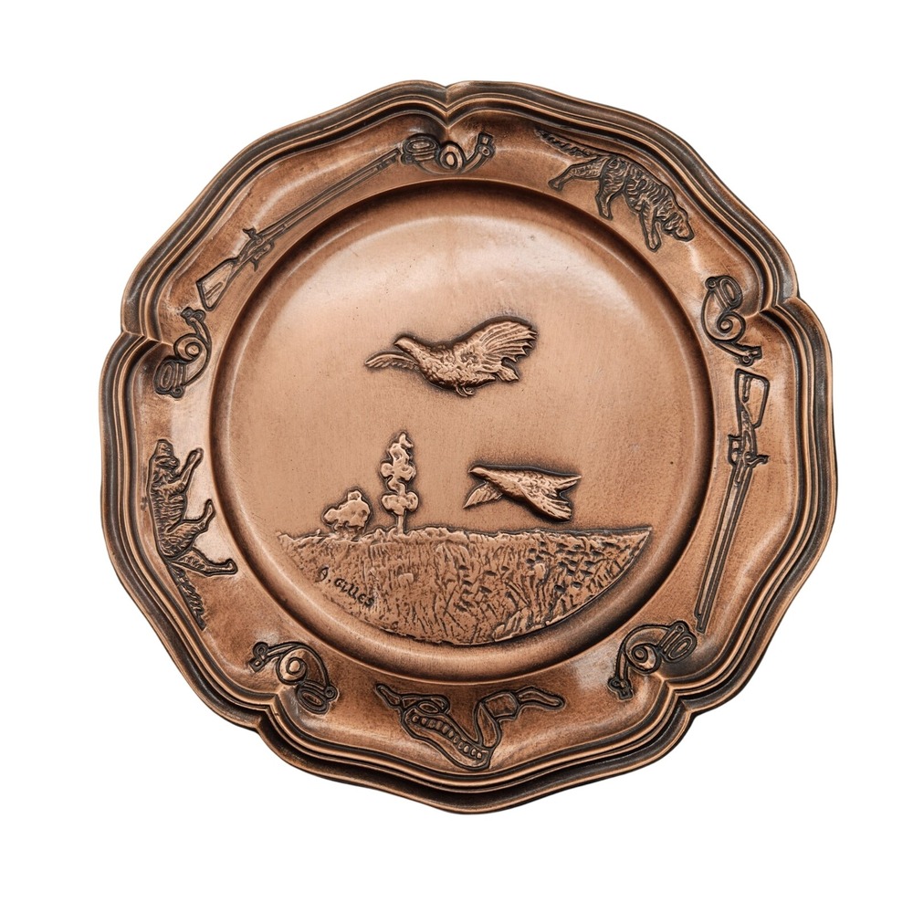 Albert Gilles‎ Solid Copper Hunting Scene Wall Plate Repousse Dog Birds 8.5in